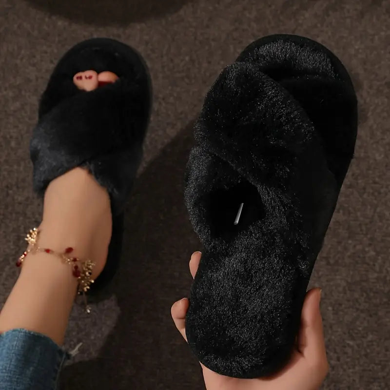 Crisscross Band Plush Indoor Slippers