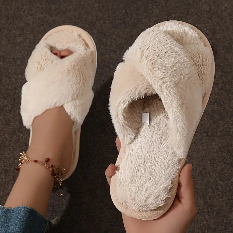 Crisscross Band Plush Indoor Slippers